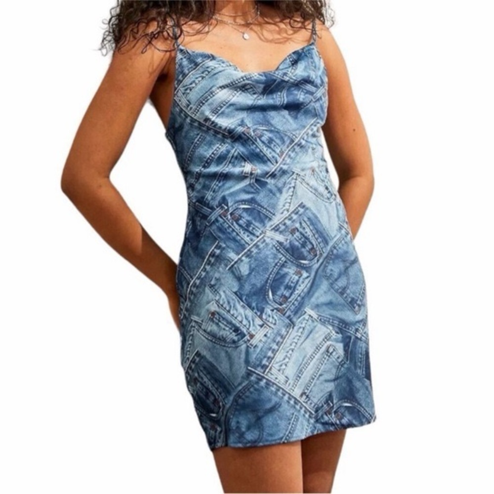 Urban Outfitters UO Mallory Blue Denim Jean Print Cowl Neck Slip 90s Mini Dress